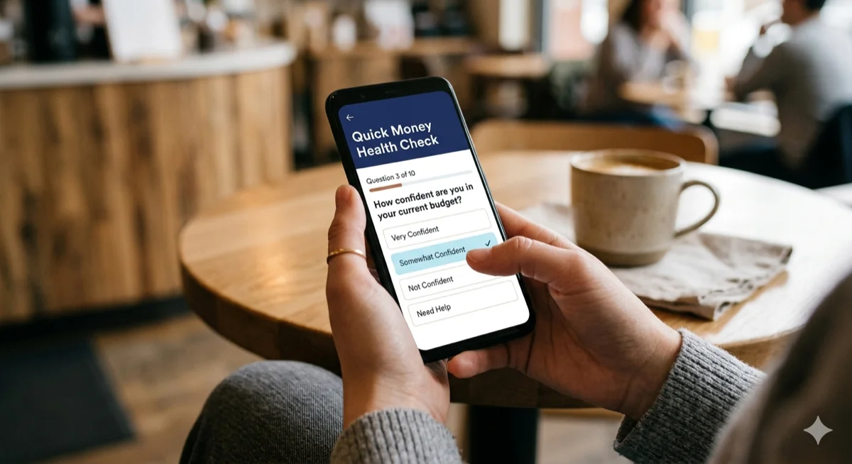 Person taking the Quick Money Health Check quiz on their phone in a coffee shop