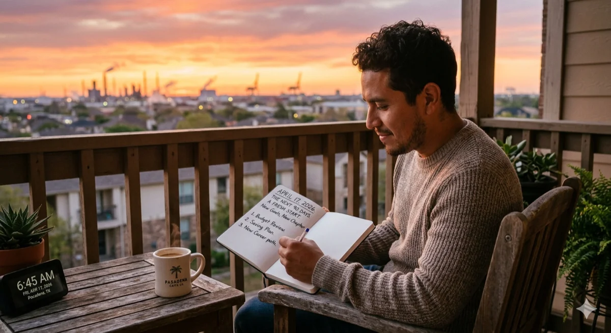 Man journaling his 90-day financial reset plan at sunrise on a balcony in Pasadena, Texas
