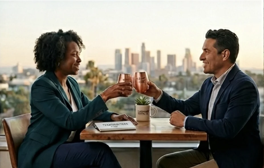 Two professionals celebrating progress over copper cups with a city skyline at sunset