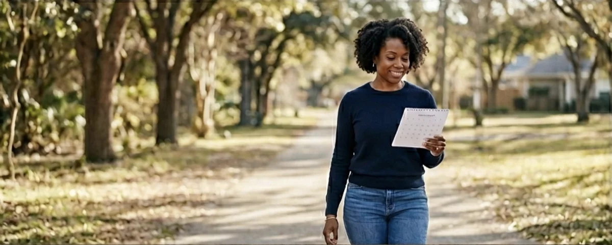 Confident woman walking outdoors smiling while reviewing her financial plan