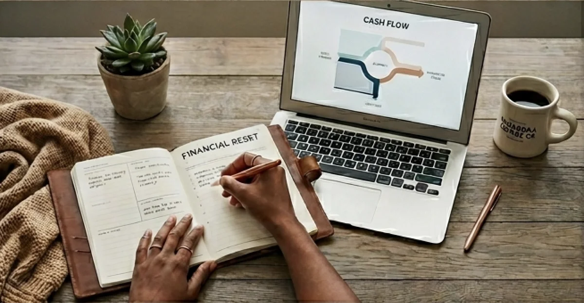 Financial reset journal and laptop showing cash flow planning on a cozy wooden desk