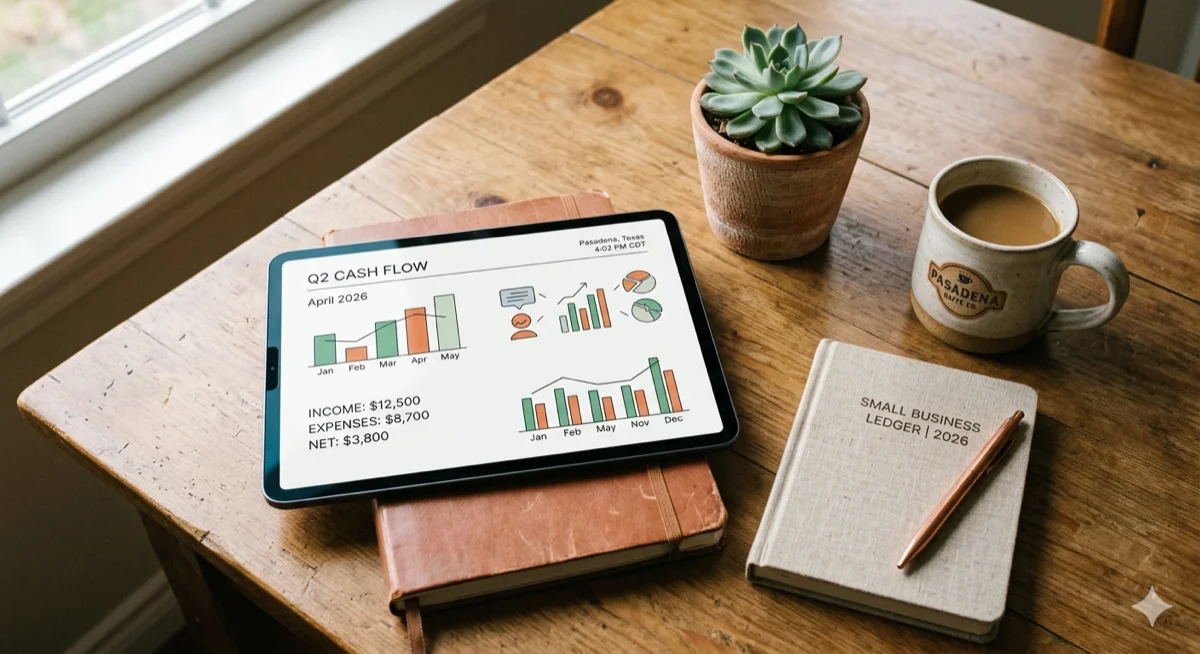 Tablet showing Q2 cash flow dashboard next to a small business ledger and coffee