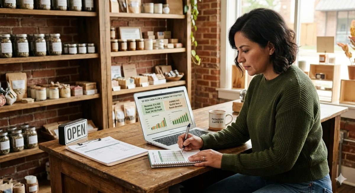 Small business owner reviewing cash flow and owner pay strategy on her laptop in her shop