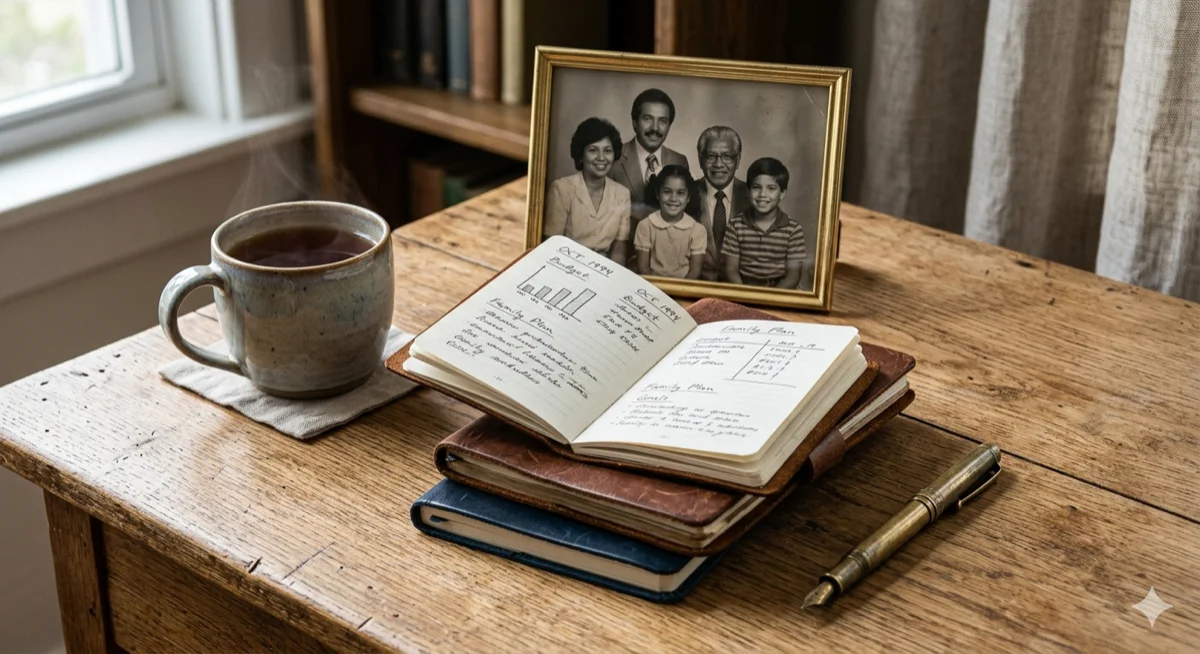 Family financial planning journals and a framed family photo on a warm wooden desk